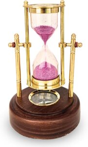 1-Minute Sand Timer with Compass - Antique Brass and Mahogany Hourglass with Purple Sand - Ideal for Desk Decor, Office Use, Meditation, Unique Gift for Collectors and History Enthusiasts