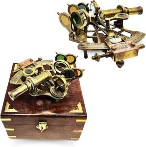 Antique Brass Sextant with Mahogany Box – Precision Nautical Instrument for Navigation and Home Décor 4 Inches with Wodden Box