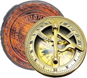 Antique Brass Sundial Compass with Leather Box - Vintage Nautical Navigation Tool by 3 inches
