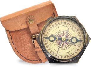DA Ancein- Exquisite Antique Hexagonal Brass Compass – 3.2 Inch Vintage Nautical Navigation Tool with Intricate Design for Collectors, Travelers, and Home Decor with Leather Cover