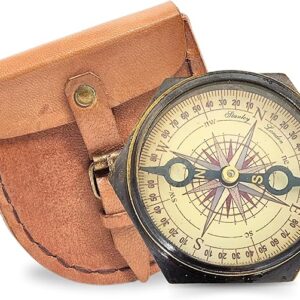 DA Ancein- Exquisite Antique Hexagonal Brass Compass – 3.2 Inch Vintage Nautical Navigation Tool with Intricate Design for Collectors, Travelers, and Home Decor with Leather Cover