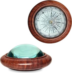 Vintage Maritime Navigation Set: Wooden Base Compass with Deep Glass Elegant Paperweight