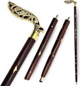 3-Fold Wooden Walking Stick Victorian Style Wooden Cane with Antique Brass Solid Leaf Texture Head Handle - Elegant Vintage Walking Stick Gift