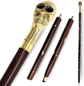 Premium Brass Skull Handle Wooden Walking Cane - Stunning Gift for Adult, Men and Women 3 Folding Stick