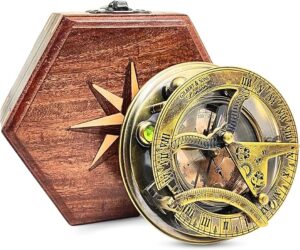 Antique Brass Sundial Compass with Wooden Box - Vintage Nautical Navigation Tool