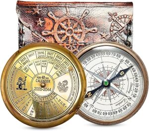 Vintage Brass Compass with 40-Year Calendar and Handcrafted Leather Case - Antique Nautical Compass with Calendar and Leather Cover