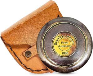 Antique 1885 Nautical Pocket Compass, 2.5-Inch Brass with Engraved Robert Frost Poem and Brown Leather Case Ideal for Navigation, Camping, Hiking, Travel, and Gift Giving